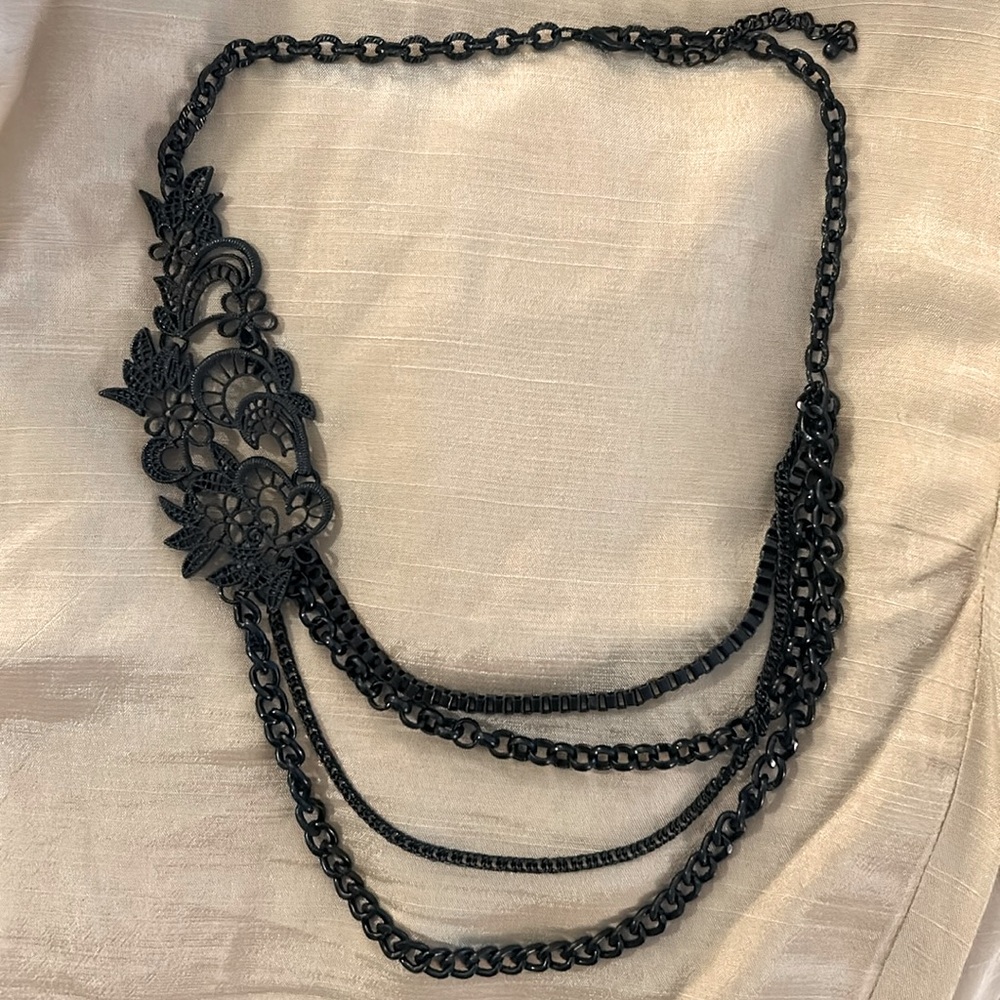 Black layered chain necklace flower design